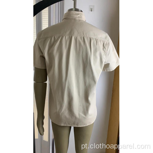 Camisa de manga curta lisa masculina de algodão puro com bolso duplo